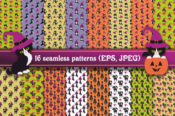 Black Cats Halloween Seamless Patterns