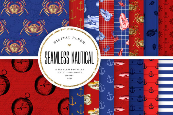 Seamless Nautical Patterns - Red Navy
