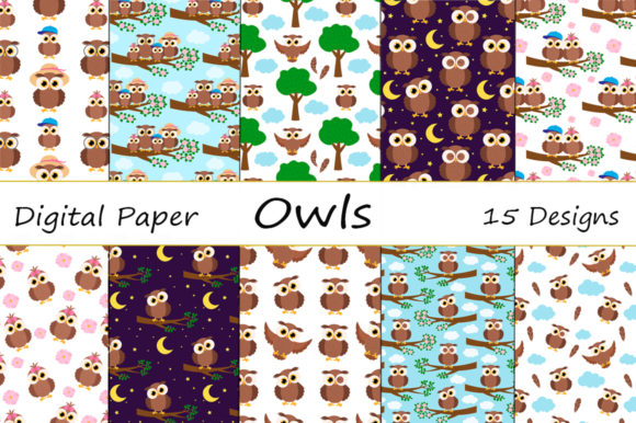 Set Seamless Patterns Cute Owl Vector